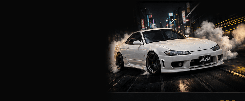 White Nissan Silvia S15 drifting on Tokyo streets with smoke
